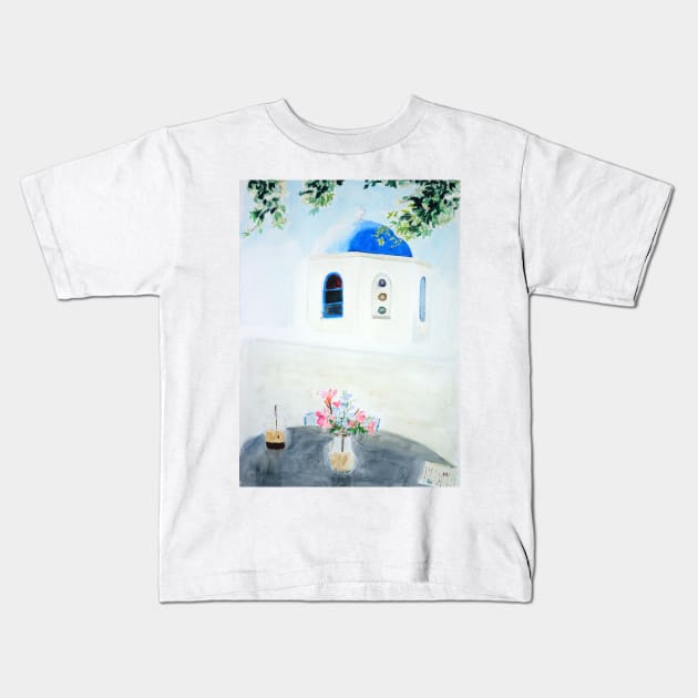 white and blue Santorini church Kids T-Shirt by colorandcolor